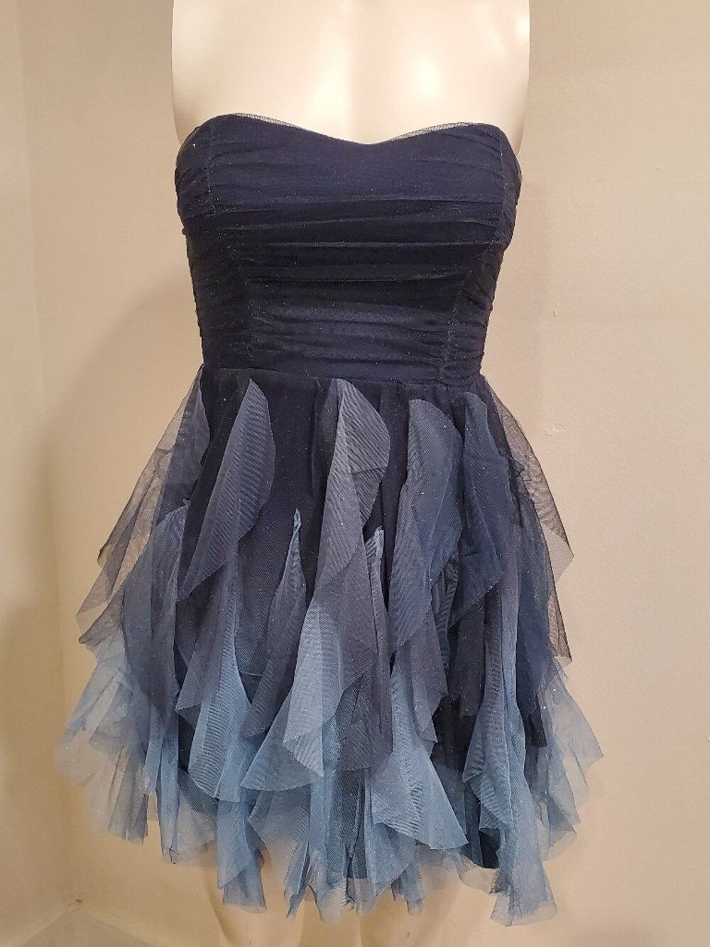 Teeze Me Womens Size 3 Strapless Glitter Tulle Tiered Dress Navy Blue Ombre